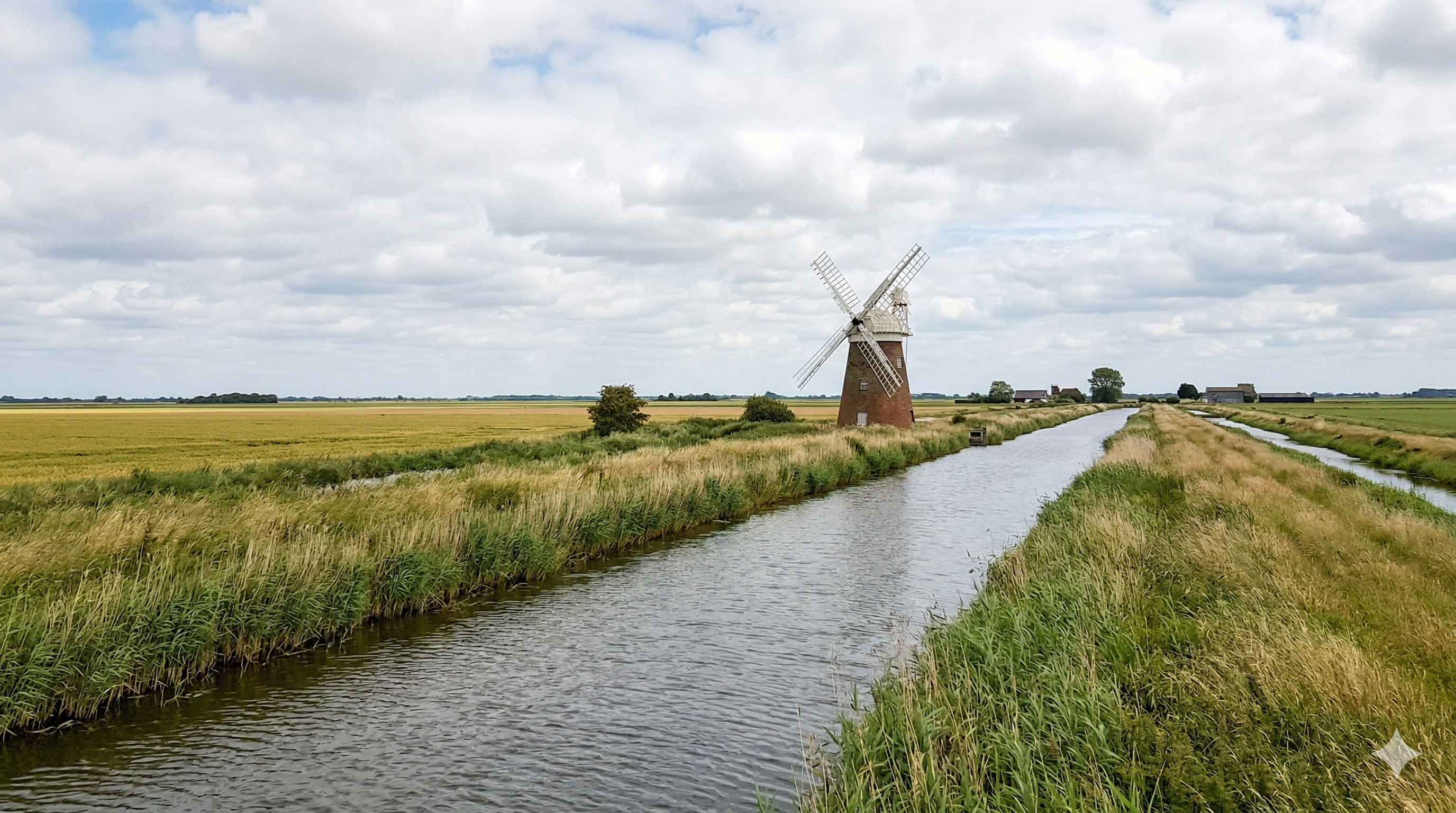 A Fenland waterway and open countryside under a soft sky.